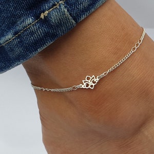 Sterling Silver Lotus Flower Anklet, Silver Lotus Ankle Chain, Lotus Flower Anklet, Silver Flower Anklet