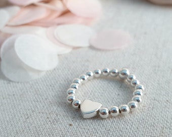 Sterling Silver Heart Bead Stretchy Ring, Personalised Initial Ring