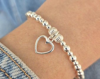 Sterling Silver Heart Charm Bracelet: Beaded Stacking Stretch Bracelet