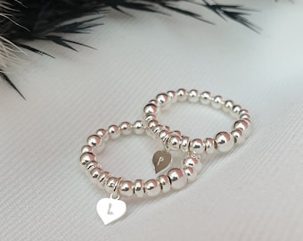 Sterling Silver Heart Charm Ring, Personalised Initial, Stretchy Bead Stackable Ring