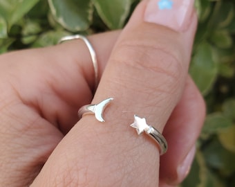 Sterling Silver Moon & Star Adjustable Ring, Silver Moon Ring, Silver Star Ring, Moon and Star Ring, Thumb Ring