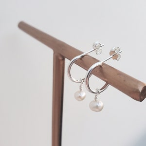 Pearl Drop Earring Hoops, Freshwater Pearl Hoops, Sterling Silver Pearl Earrings, Silver Pearl Hoops, Pearl Earrings, Bridesmaid Earrings