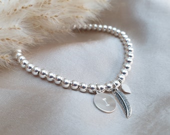 Bracciale in piume d'argento sterling, braccialetto di simpatia, braccialetto in argento personalizzato, braccialetto a cuore elastico, braccialetto in piume d'argento