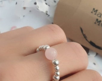 Rose Quartz Sterling Silver Stretchy Ring, Gemstone Bead
