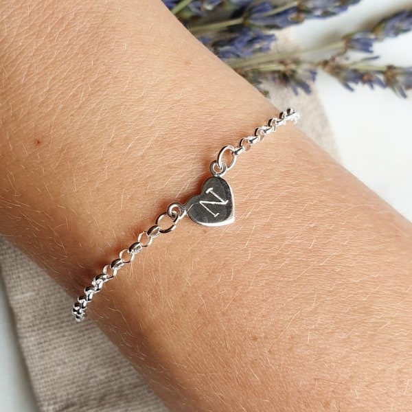 Sterling Silver Heart Bracelet, Personalised Heart Bracelet, Custom Heart Bracelet, Valentines Bracelet, 30th 40th 60th, Initial Bracelet