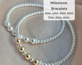 Sterling Silver Milestone Birthday Bracelet, 30th 40th 50th 60th 70th 80th 90th Birthday, Silver Bead Stretch Bracelet