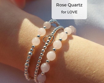 Armbandsset i sterlingsilver i rosenkvarts: Alla hjärtans dag-kärleksstack