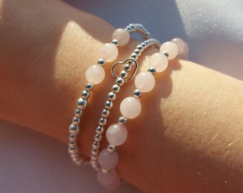 Sterling zilveren Rozenkwarts armband, roze kralen armband, rekbare bal armband, Moederdag armband, Valentijnsdag armband