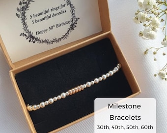 Sterling Silver Milestone Birthday Bracelet, 30th 40th 50th 60th 70th 80th 90th Birthday, Silver Age Stretch Bracelet