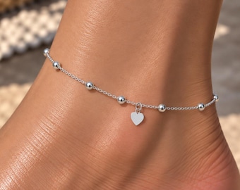 Sterling Silver Satellite Orb Anklet, Heart Charm Ankle Chain