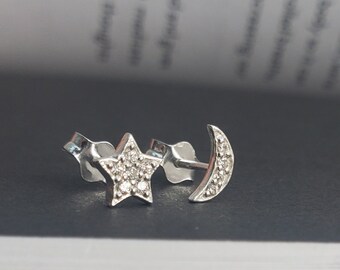 Silver Moon & Star Earrings, Sterling Silver CZ Star Studs, Mismatch Earrings, Sparkly Christmas Earrings, Christmas Studs, Moon Earstuds