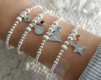 Personalised Sterling Silver Birthstone Bracelet - Initial Charm