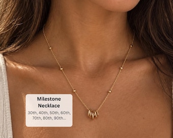 14K Gold Birthday Necklace, Milestone Rings Necklace for 30th 40th 50th 60th 70th 80th 90th