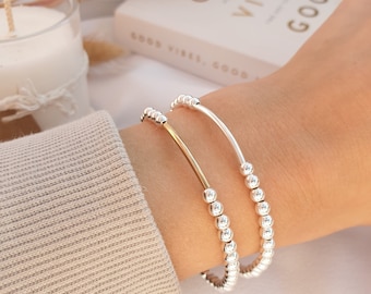 Sterling Silver Bar Bracelet, Silver Stacking Bracelet, Silver Bead Bracelet, Stretchy Bracelet, Birthday Gift Bracelet