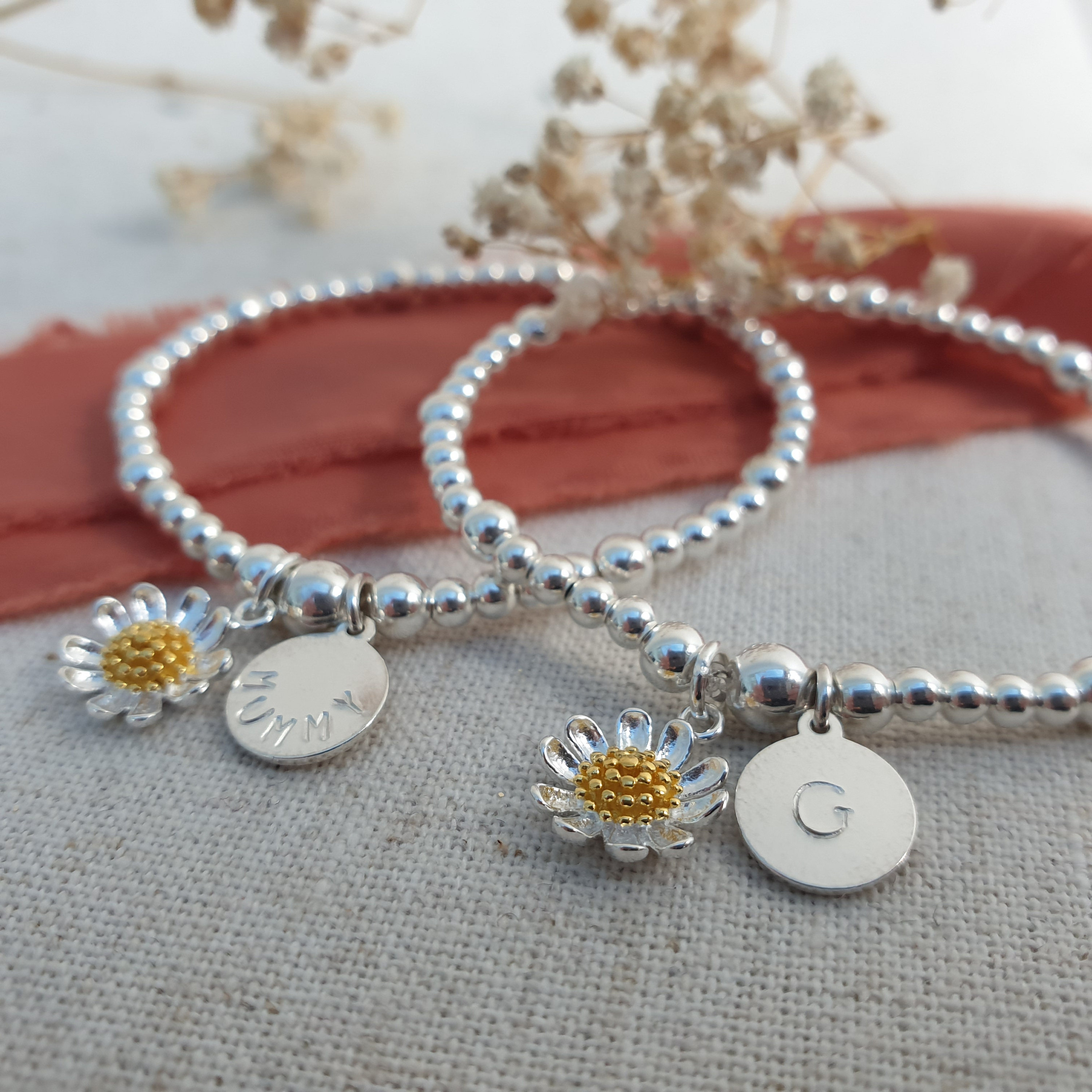Sterling Silver Daisy Bracelet, Stretchy Initial Bracelet