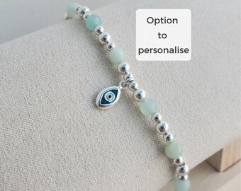 Sterling Silver Evil Eye Anklet, Chinese Amazonite Anklet, Personalised Stretch Ankle Bracelet, Jade Green Silver Anklet, Eye Anklet