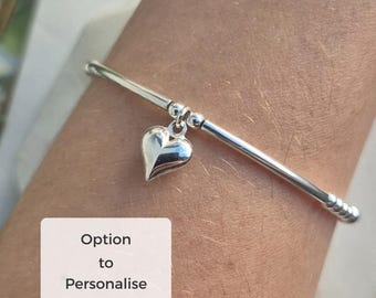 Sterling Silver Heart Charm Bracelet, Initial Heart Bracelet, Personalised Puff Heart Bracelet, Silver Noodle Bracelet