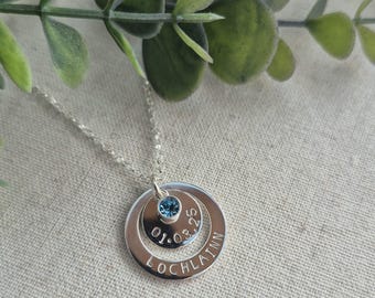 Personalised Sterling Silver Birthstone Name Necklace: Hand Stamped