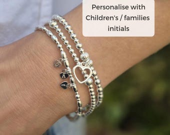 Sterling Silver Initial Bracelet Set: Personalised Heart Charm Stacking Bracelets