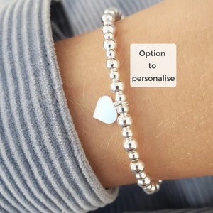 Sterling Silver Heart Bracelet, Stretchy Ball Bracelet, Elasticated Heart Bracelet, Childrens Heart Bracelet, Silver Initial Bracelet