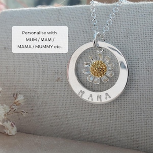 Mum Daisy Necklace, Sterling Silver Mama Necklace, Personalised Mum for Mummys Birthday or Mothers Day Necklace