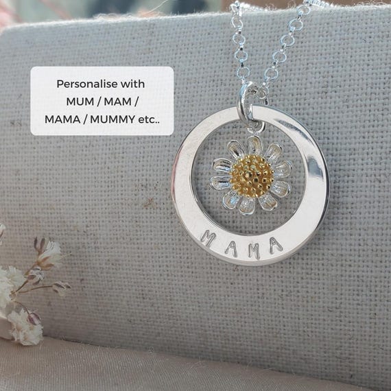 Mum Daisy Necklace, Sterling Silver Mama Necklace, Personalised