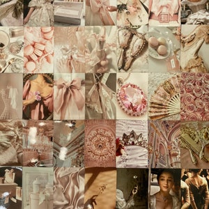 Op de afbeelding: Een collage van afbeeldingen in roze en beige tinten met verschillende objecten, waaronder een kroon, een waaier, een spiegel, een jurk en een vlinder. De afbeeldingen zijn in een rasterpatroon gerangschikt en hebben een vintage esthetiek.