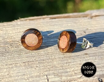 Puces boucles d'oreilles monture argent 925, ziricote et cuivre de 8mm faites à la main, Cadeau pour vous, pour elle, anniversaire, noël