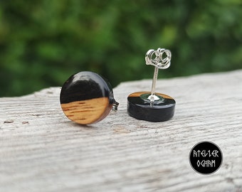 Puces boucles d'oreilles monture argent 925, bois Grenadille faites à la main, fête des mères, pour elle, anniversaire, noël