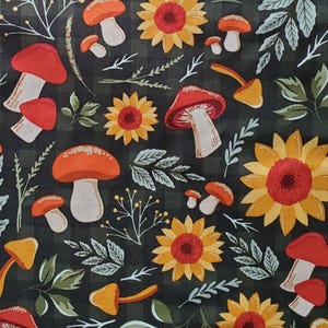 Retro Mushrooms and Sunflowers. Cotton Fabric. Gold, Orange, Tan, and Olive Green on Dark Green Checks. By the Half Yard, 18&quot; x 43&quot; wide.