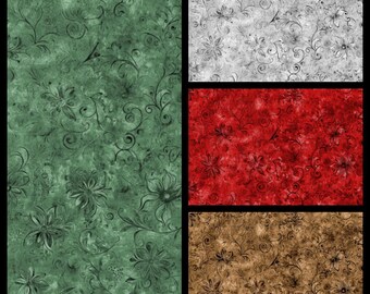 Garden Whispers. Cotton Fabric in 4 Color Options. Mottled Background with Black Floral & Scrolling Sketches. By the Half Yard, 18"x43".