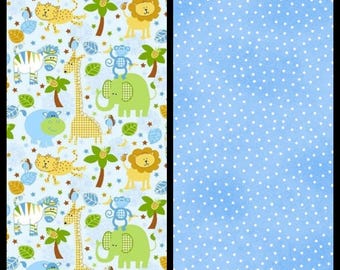 FLANNEL. Cotton Flannel, Jungle Animals in Blue, Green, & Yellow, or Coordinating Blue With White Dots. By the Half Yard, 18" x 43" wide.