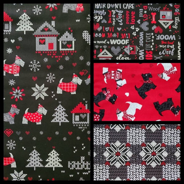 Knit and Caboodle. Cotton Fabric by Greta Lynn for Kanvas Fabrics. Scottie Dog Coordinating Prints. By the Half Yard. 18" long x 43" wide.