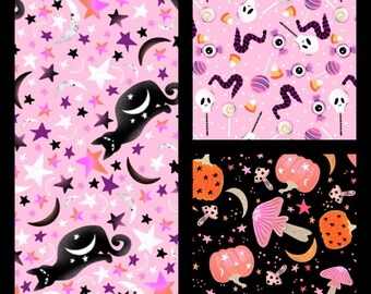 Halloween Pinks. Candies, Cats, Mushrooms, and Pumpkins in Shades of Black, Pink, and Peach, and Lavender. By the Half Yard, 18" x 43" wide.
