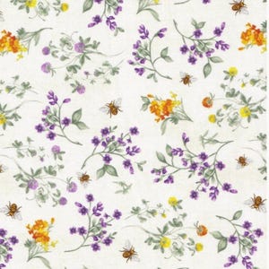 May include: A white background with a repeating pattern of purple flowers, yellow flowers, and small bees. The flowers are drawn in a watercolor style.