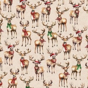 May include: A repeating pattern on a light beige background featuring watercolor-style illustrations of brown deer. Each deer is depicted with large antlers and wears either a red Santa hat, a red scarf, or a green scarf around its neck.