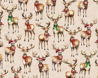 Jolly Antlers. Cotton Fabric. Christmas Deer with Red and Green Scarves, Hats, Ribbons, and Bells on Ecru. By the Half Yard, 18" x 43".