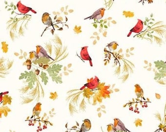 Autumn Birds & Berries. Cotton Fabric. Tiny Watercolor Birds and Fall Leaves on a Soft Ivory Background. By the Half Yard, 18" x 43" wide.