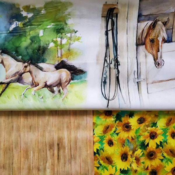 Sunflower Stampede, by John Keeling for 3 Wishes, Cotton Fabric, Watercolor Horses and Co-ordinates. By the Half Yard, 18" long x 43" wide.