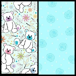 May include: Two fabric panels. The left panel features a repeating pattern of white teddy bears with pink and blue accents, interspersed with colorful flowers and leaves on a light green background. The right panel has a light blue background with a pattern of blue swirls and white dots.