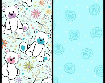 FLANNEL. Bear Friends by Oasis Fabrics. White Bears with Rainbow Muzzles, Paws, and Ears, or Aqua Swirl. By the Half Yard, 18"x43" wide.
