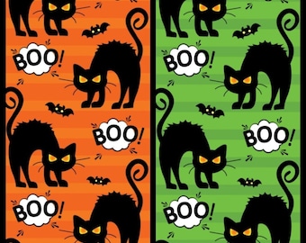 May include: A Halloween pattern with black cats, bats, and speech bubbles saying "BOO!" on orange and green backgrounds. The design is repeated, creating a spooky and festive aesthetic, perfect for seasonal decorations.