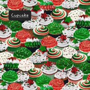 Sweet Holidays. Cotton Fabric by Greta Lynn for Kanvas Fabrics. Candies, Cupcakes, and Matching Swirls. By the Half Yard, 18" x 43" wide. Cupcake