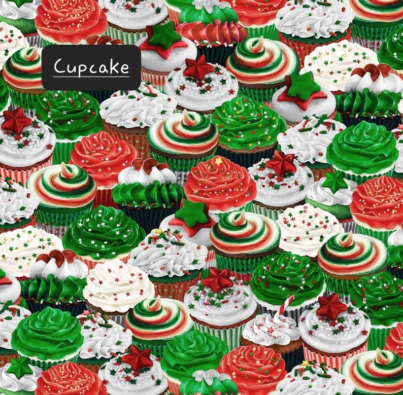 Sweet Holidays. Cotton Fabric by Greta Lynn for Kanvas Fabrics. Candies, Cupcakes, and Matching Swirls. By the Half Yard, 18" x 43" wide. Cupcake