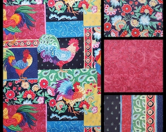 Calico Rooster. Cotton Fabric. French Roosters, or Coordinating Stripe, Floral, or Scroll. Red, Blue, Green, Black. By the Half Yard, 18x43.