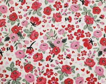 Roses and Hearts. Cotton Fabric by Brother Sister Design Studio. Pink and Red Roses and Hearts on White. By the Half Yard, 18" x 43" wide.