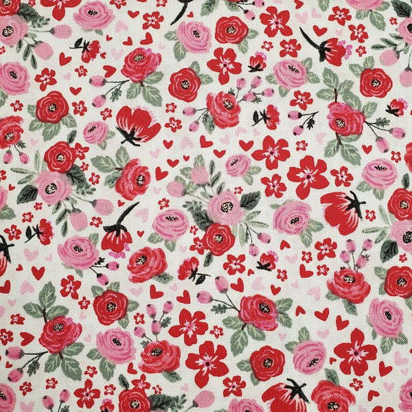 Roses and Hearts. Cotton Fabric by Brother Sister Design Studio. Pink and Red Roses and Hearts on White. By the Half Yard, 18" x 43" wide.