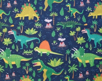 Happy Dinosaur, Digital Print, Cotton Fabric. Cute Green Dinos on a Deep Blue Background. By the Half Yard, 18" long x 43" wide.