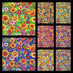May include: A collection of digital patterns featuring dense arrangements of colorful flowers in various shades of orange, yellow, pink, and purple, set against backgrounds of green, blue, and multi-colored gradients in a grid layout.