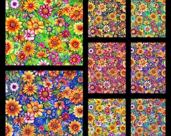 Groovy Garden. Tela 100% algodón. 8 opciones de color con flores brillantes. Se vende por medio metro, 45,7 cm x 109 cm.